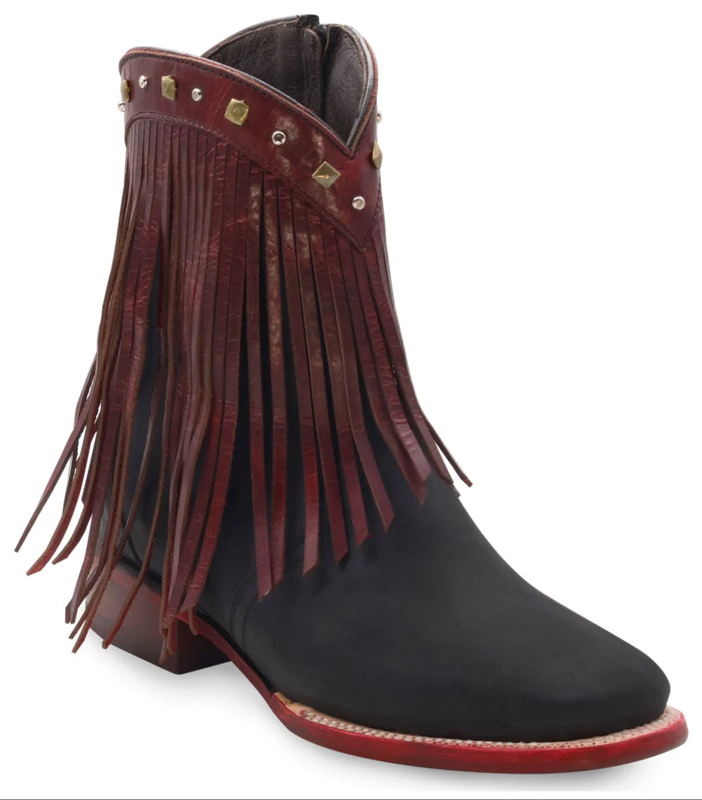 Women´s Silverton Michelle Fringe All Leather Wide Square Toe Short Boots-Black/Wine