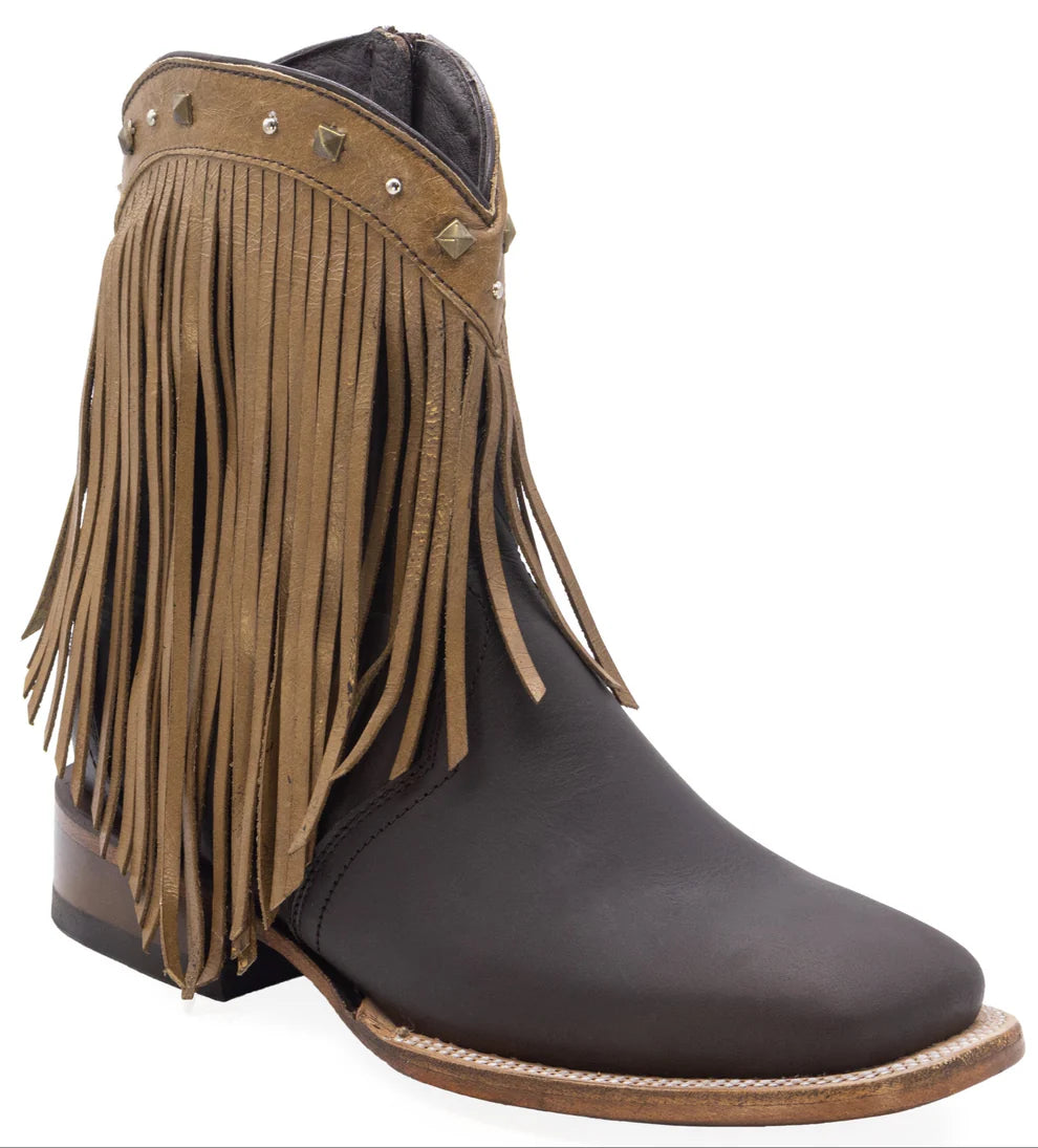 Women´s Silverton Michele Fringe All Leather Wide Square Toe Short Boots-Brown/Beige