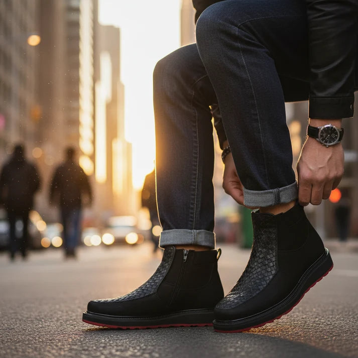White Diamonds Men's Woven Leather Zip Ankle Boots – Black