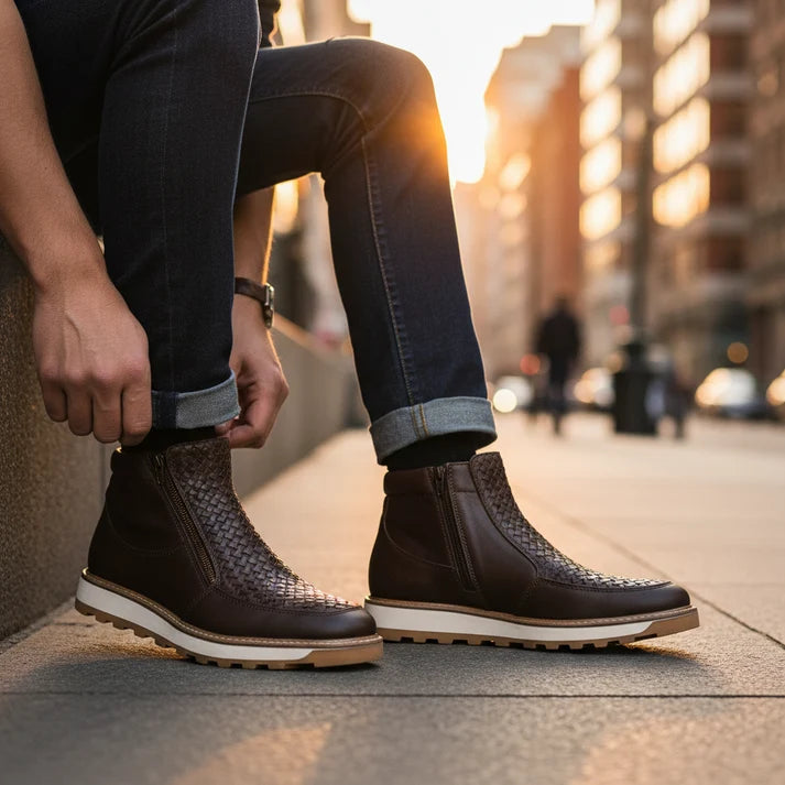 White Diamonds Men's Woven Leather Zip Ankle Boots – Brown