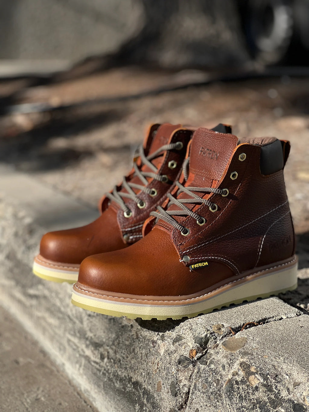 Patron Men’s Lace-Up Work Boots, Leather with Wedge Sole, Round Toe - Light Brown