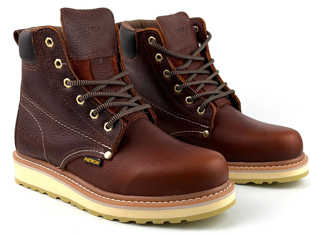 Patron Men’s Lace-Up Work Boots, Leather with Wedge Sole, Round Toe - Light Brown