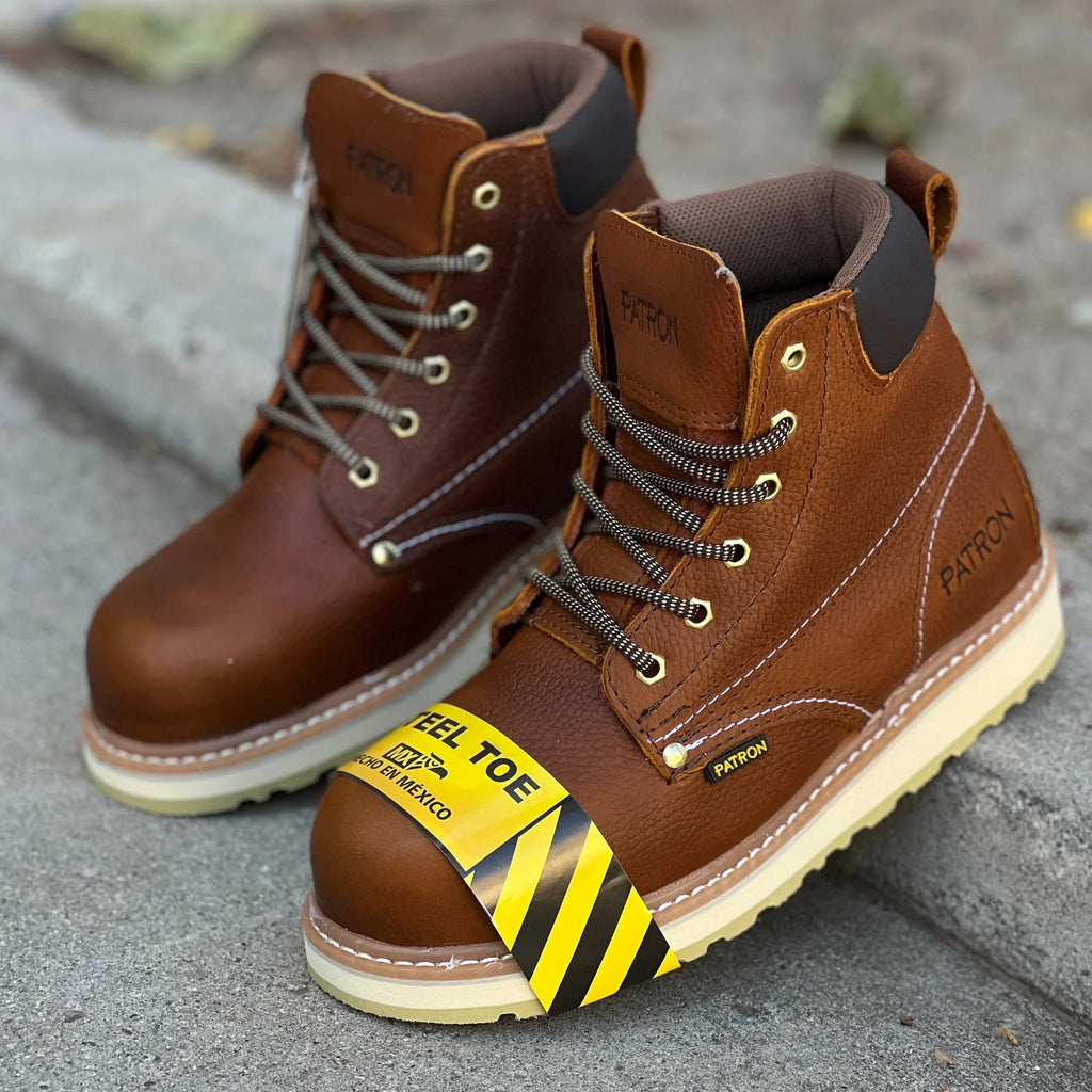 Patron Men’s Lace-Up Work Boots, Leather with Steel Toe and Wedge Sole, Round Steel Toe - Light Brown