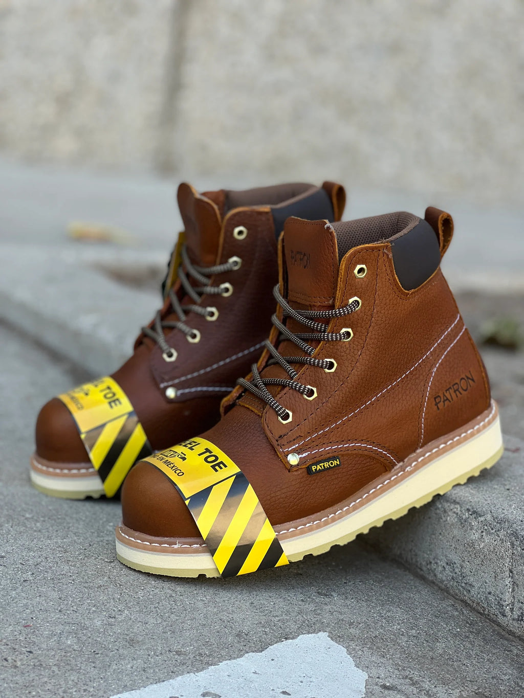 Patron Men’s Lace-Up Work Boots, Leather with Steel Toe and Wedge Sole, Round Steel Toe - Light Brown