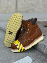 Patron Men’s Lace-Up Work Boots, Leather with Steel Toe and Wedge Sole, Round Steel Toe - Light Brown