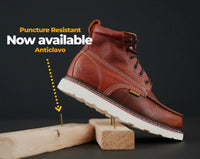 Patron Men’s Lace-Up Work Boots, Leather with Puncture-Resistant Wedge Sole, Moc Toe - Light Brown