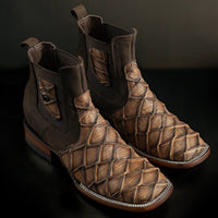 Men’s Rodeo Cartie Genuine Leather Pirarucu Fish Print Square Toe Ankle Boots - Oryx