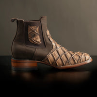 Men’s Rodeo Cartie Genuine Leather Pirarucu Fish Print Square Toe Ankle Boots - Oryx