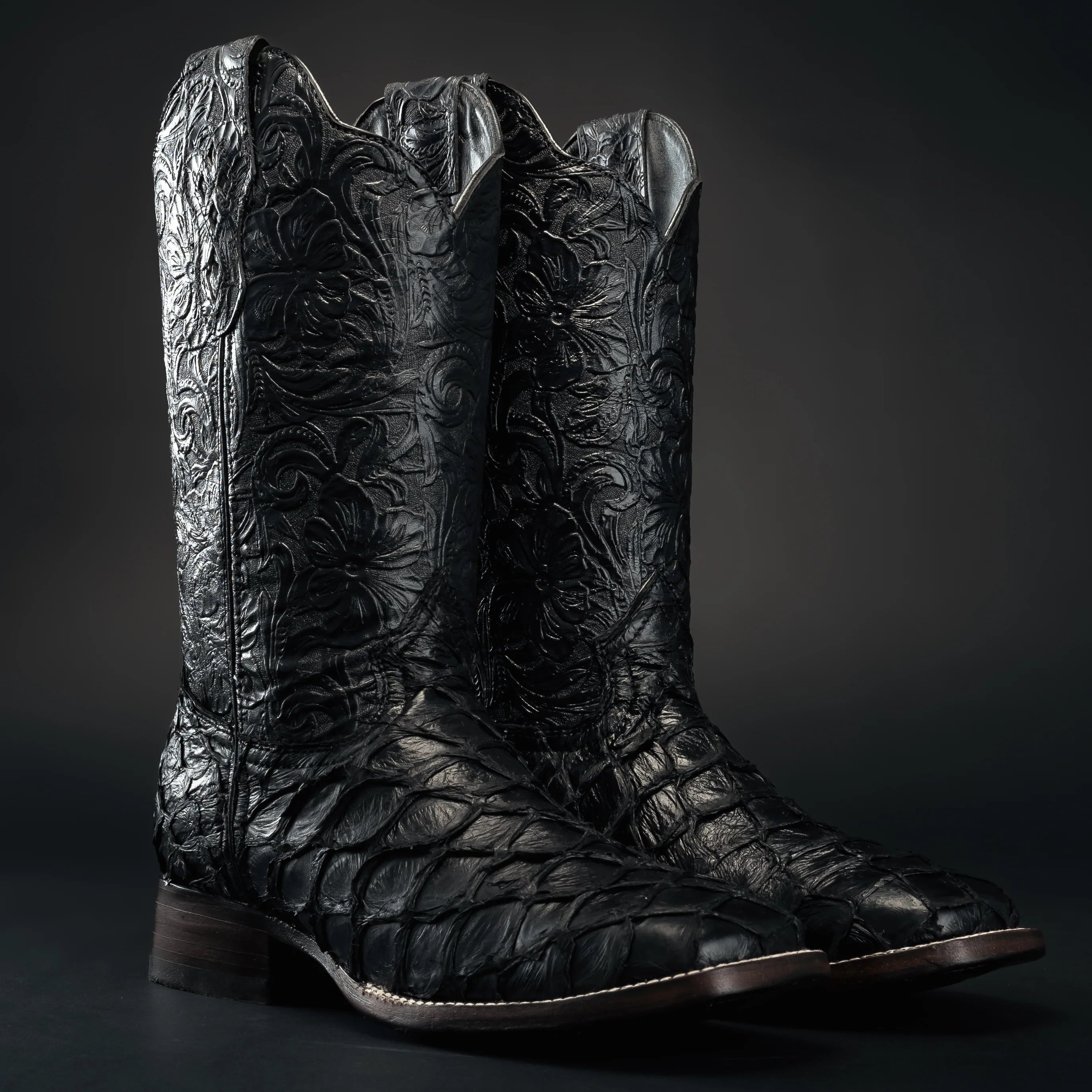 Men's Rodeo Cartie Genuine Exotic Monster Fish Pirarucu Square Toe Boots - Black