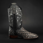 Side profile of men’s black pirarucu square toe cowboy boots