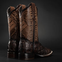 Side profile of men’s brown pirarucu square toe cowboy boots
