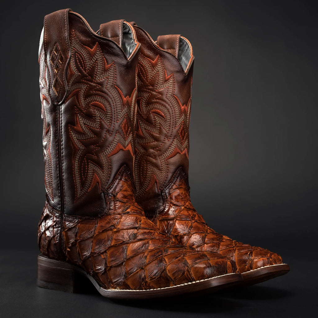 Close-up of genuine pirarucu leather texture on cowboy boots
