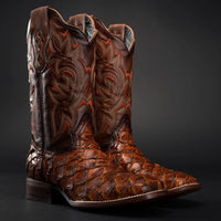Close-up of genuine pirarucu leather texture on cowboy boots