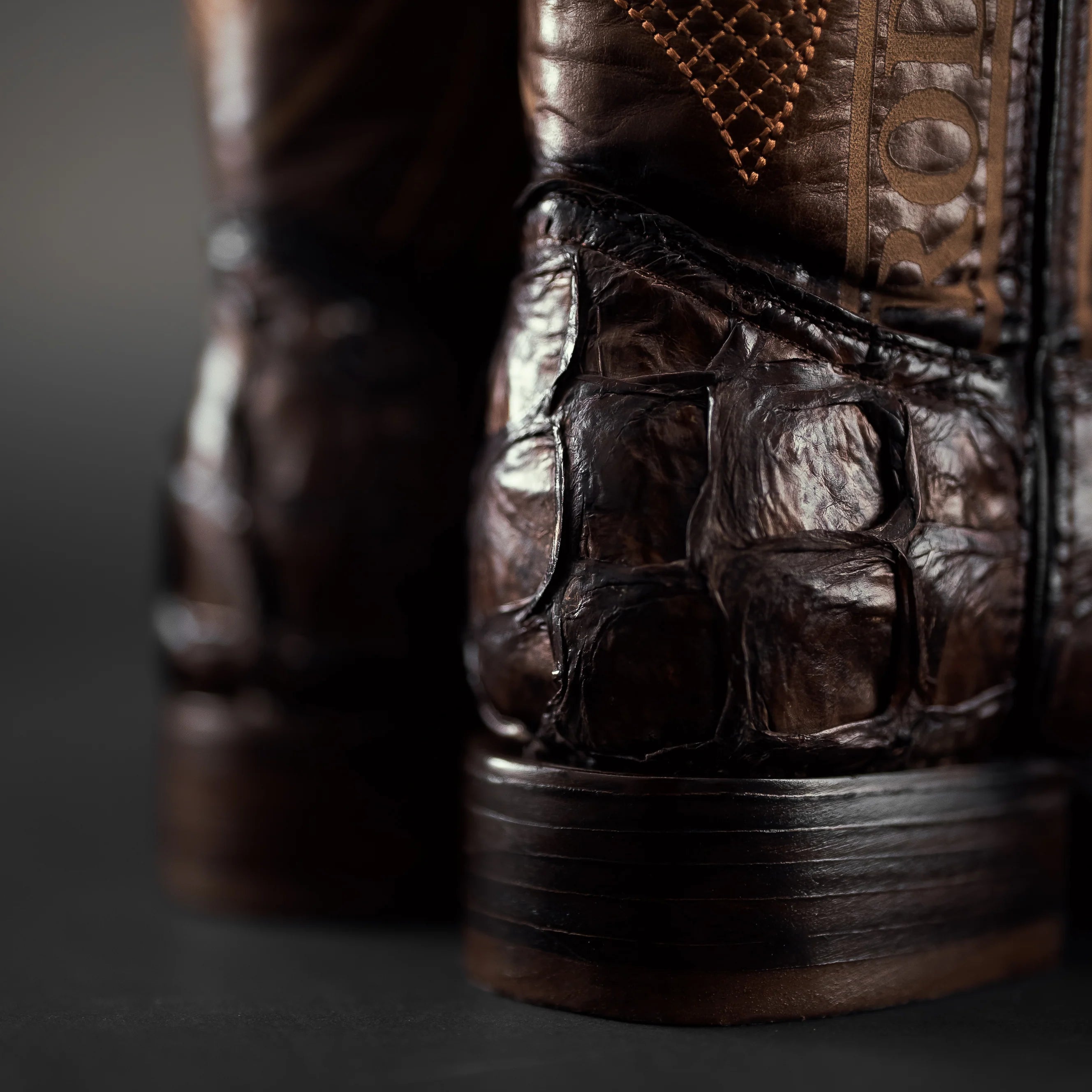 Stitched shaft detail on men’s brown pirarucu cowboy boots