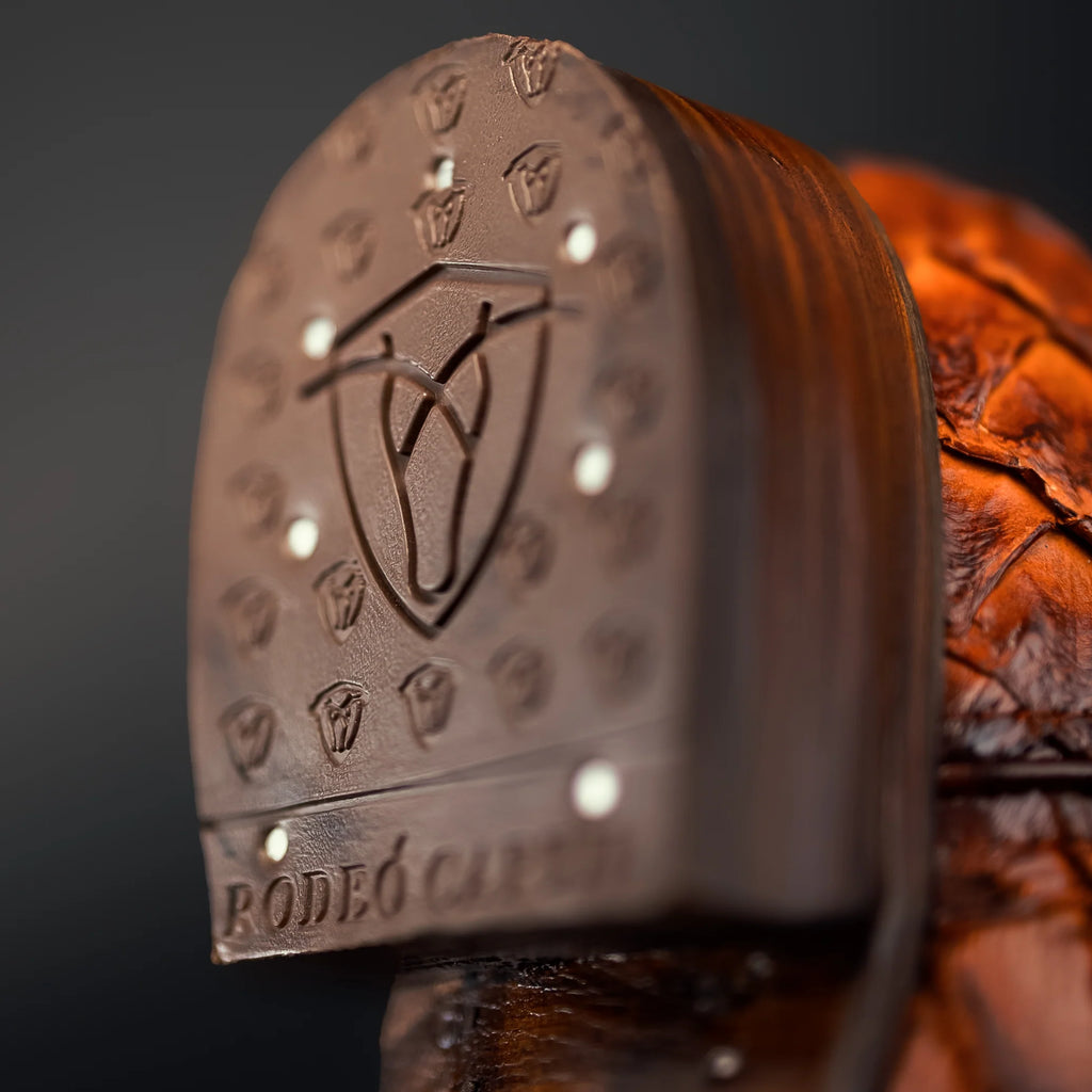 Stitched shaft detail on men’s pirarucu cowboy boots