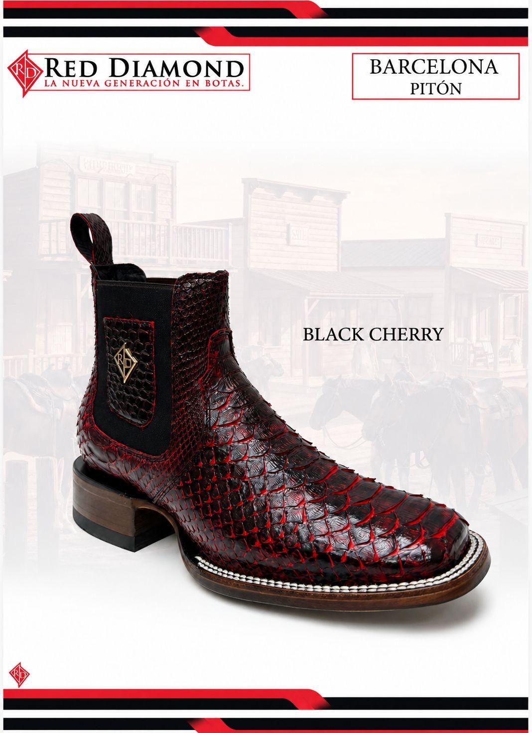 Men’s Red Diamonds Genuine Exotic Python Snakeskin Square Toe Ankle Boots - Black Cherry