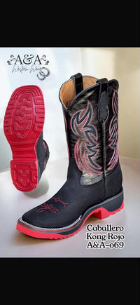 A&A Men's Leather Square Toe Cowboy Boots Rubber Sole - Black & Red