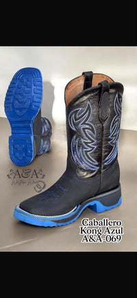 A&A Men's Leather Square Toe Cowboy Boots Rubber Sole - Black & Blue