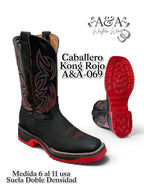 A&A Men's Leather Square Toe Cowboy Boots Rubber Sole - Black & Red
