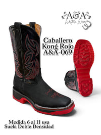 A&A Men's Leather Square Toe Cowboy Boots Rubber Sole - Black & Red