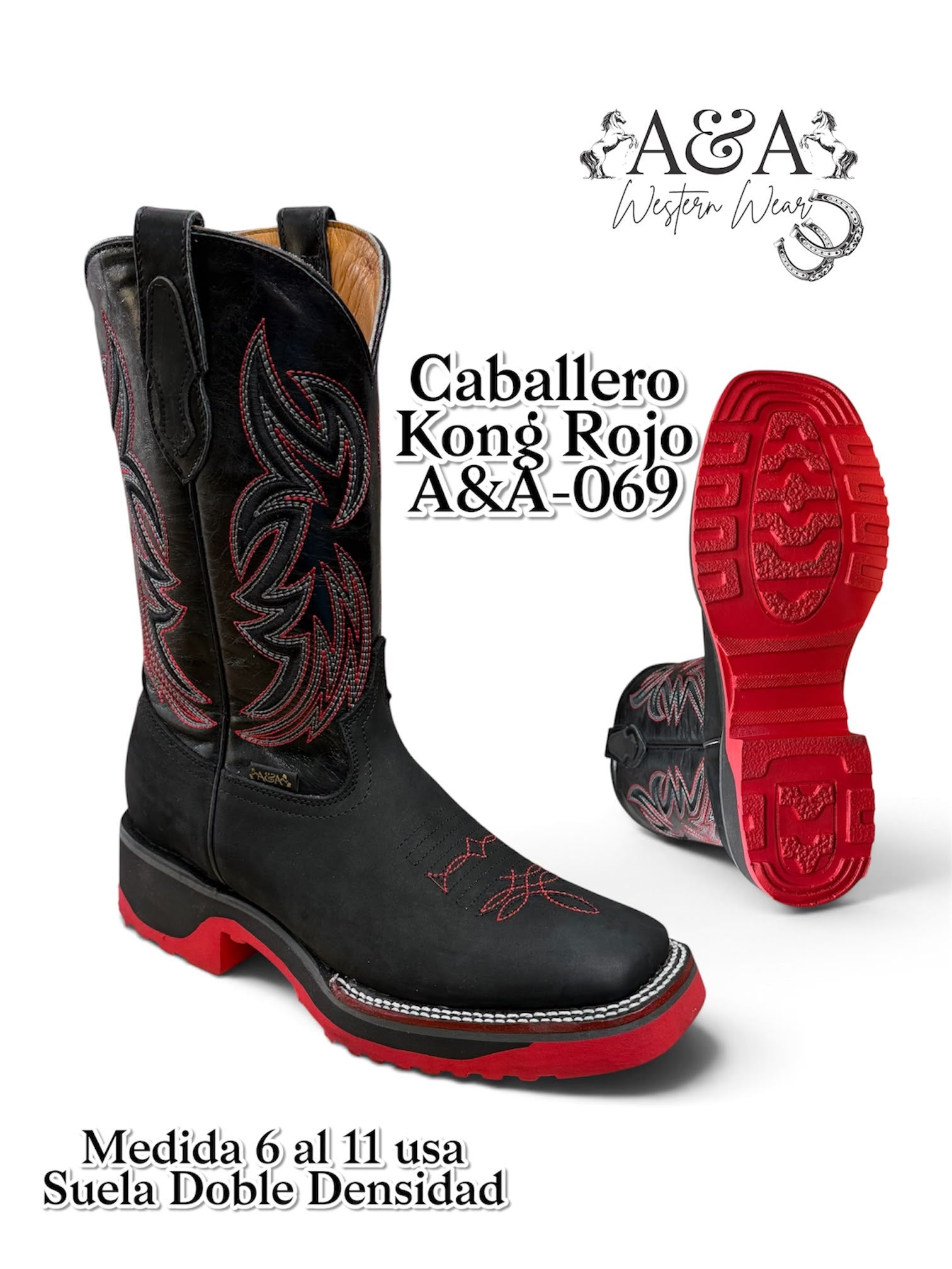 A&A Men's Leather Square Toe Cowboy Boots Rubber Sole - Black & Red