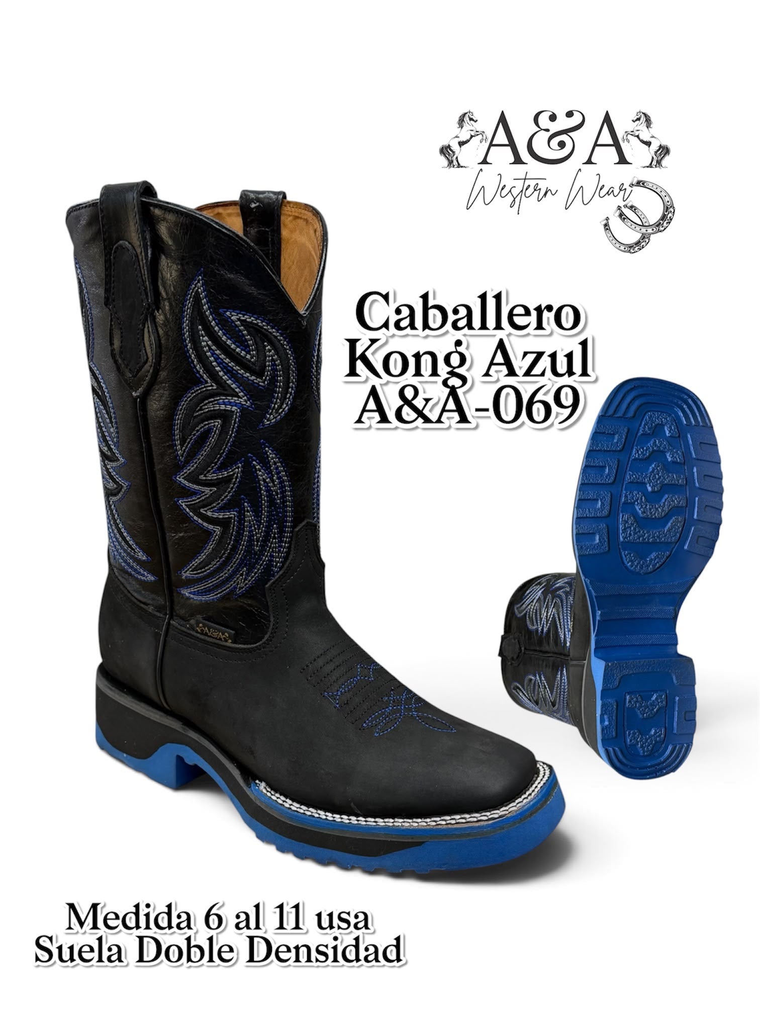 A&A Men's Leather Square Toe Cowboy Boots Rubber Sole - Black & Blue