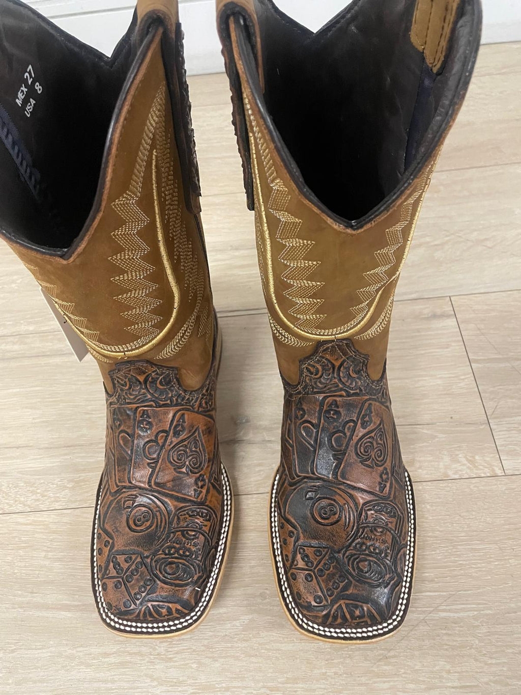 Joe Boots Men's The Gambler Handtooled Leather Square Toe Cowboy Boots – Tan