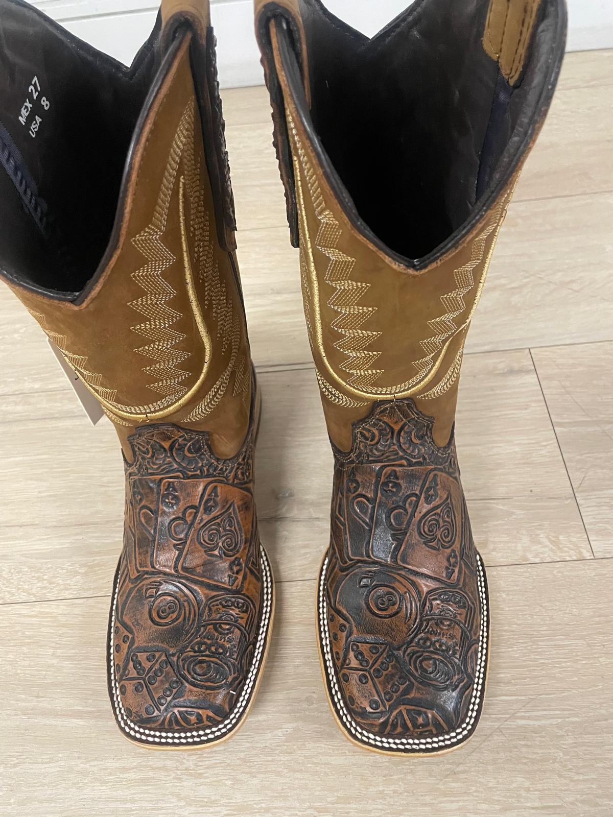 Joe Boots Men's The Gambler Handtooled Leather Square Toe Cowboy Boots – Tan