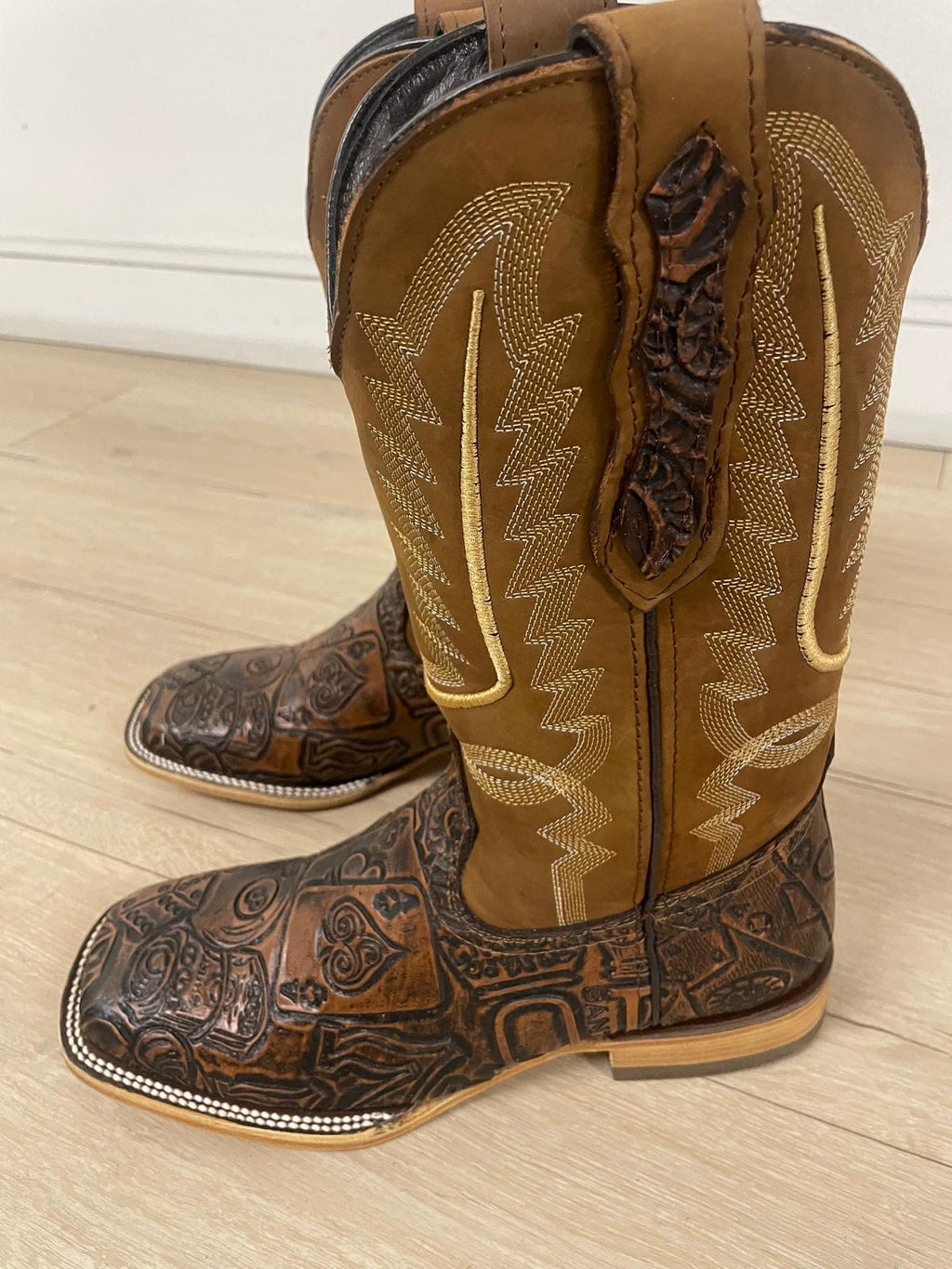 Joe Boots Men's The Gambler Handtooled Leather Square Toe Cowboy Boots – Tan