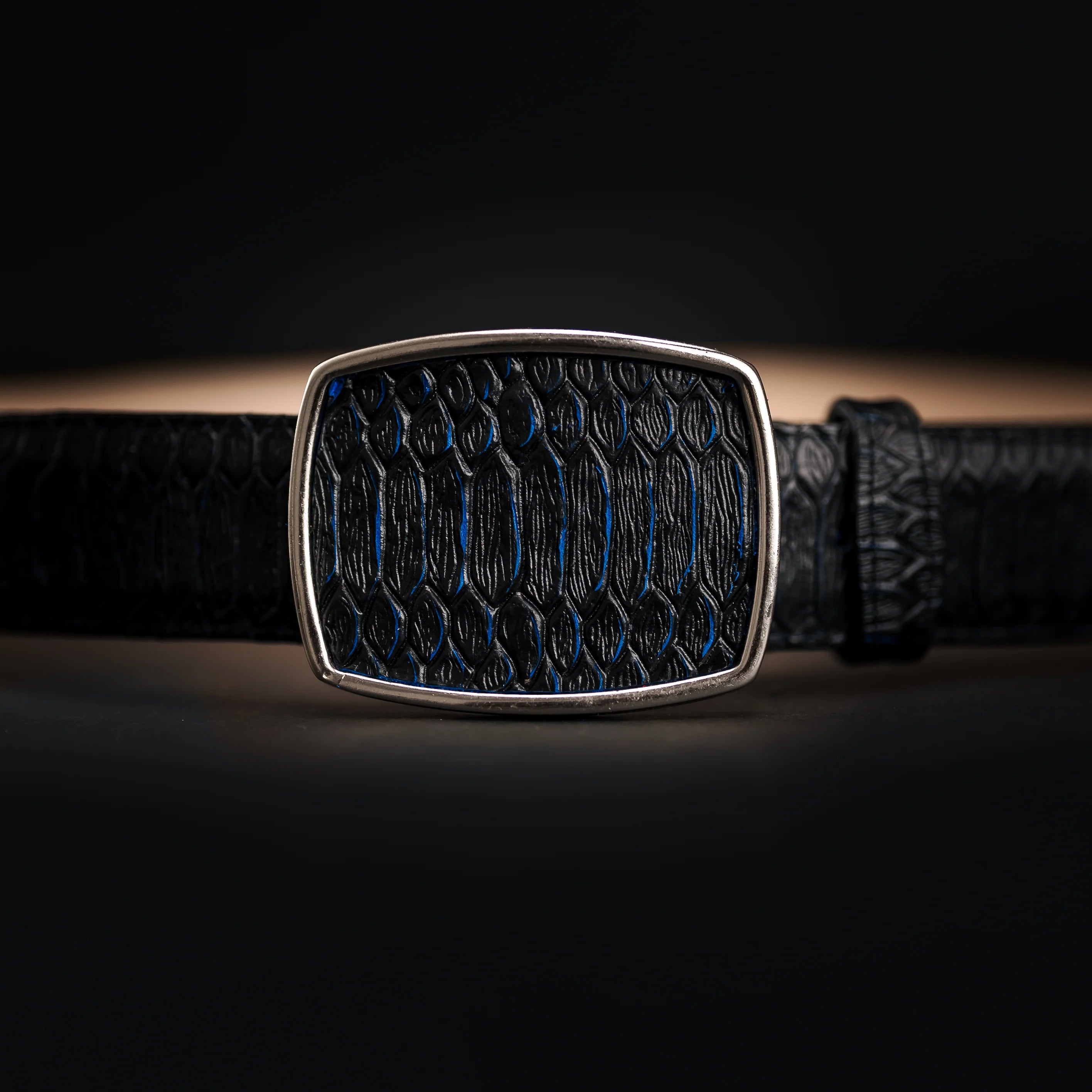 Python Snakeskin Print Western Belt with Removable Buckle - Blue
