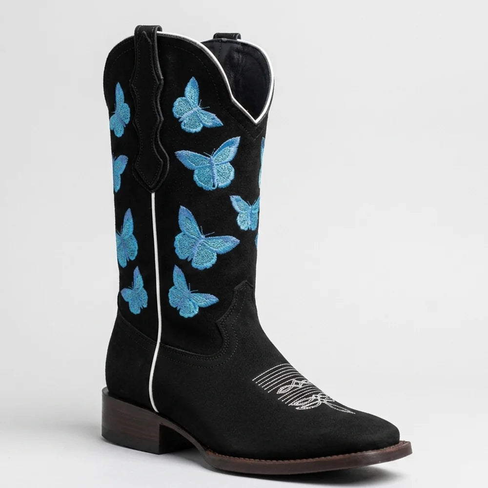 White Diamonds Women's Butterfly Embroidered Nubuck Square Toe Cowgirl Boots – Black