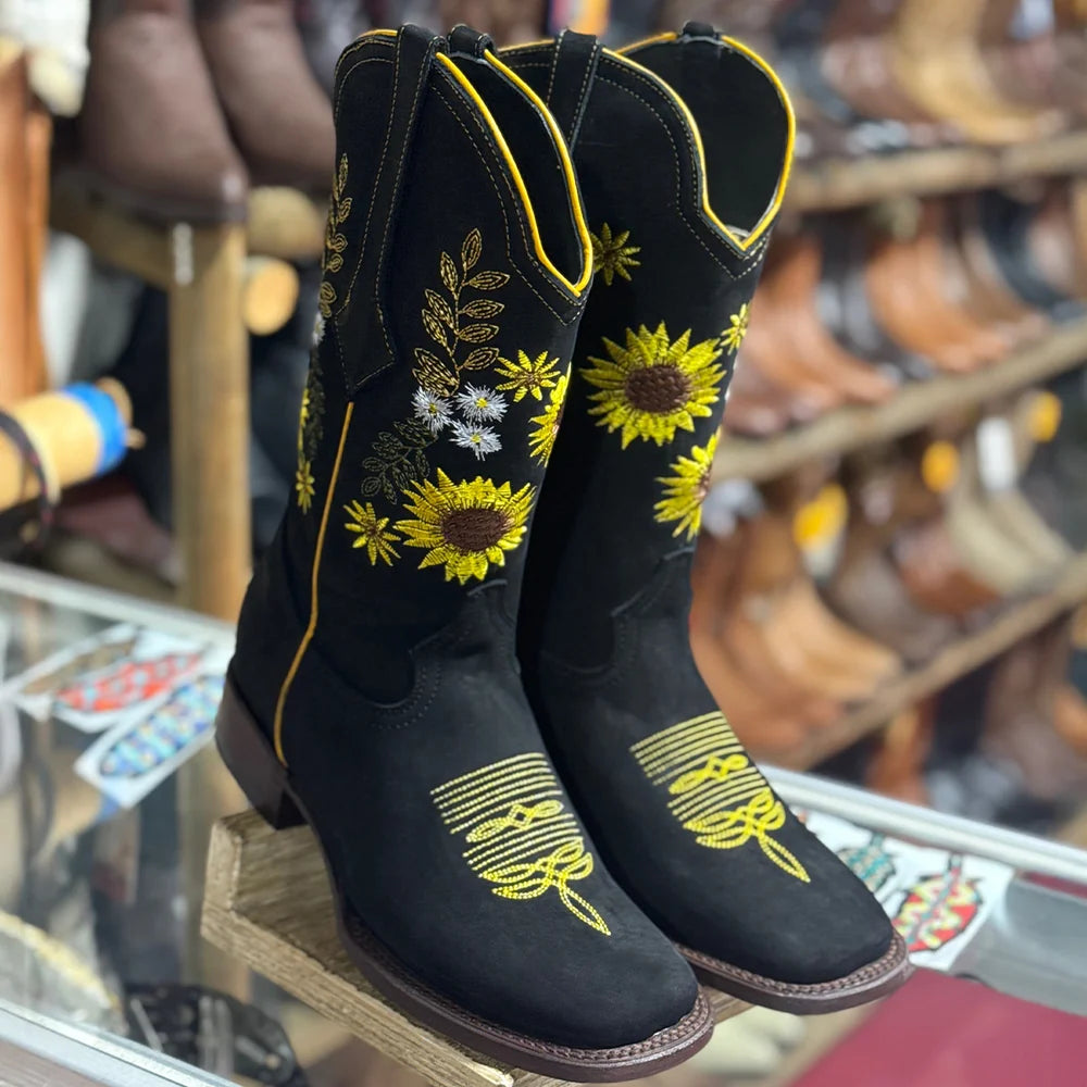 White Diamonds Women's Sunflower Embroidered Nubuck Square Toe Cowgirl Boots – Black
