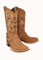 Pair of brown cowboy boots with intricate embroidery on a white background