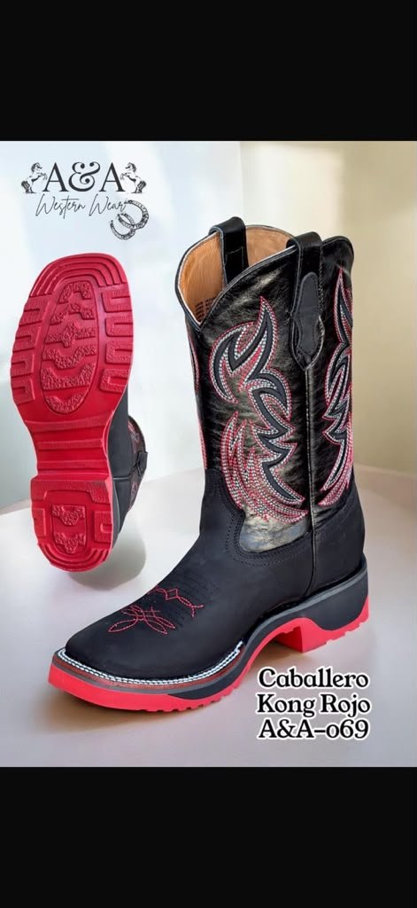 A&A Men's Leather Square Toe Cowboy Boots Rubber Sole - Black & Red - OriginalWestern.com