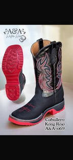 A&A Men's Leather Square Toe Cowboy Boots Rubber Sole - Black & Red - OriginalWestern.com