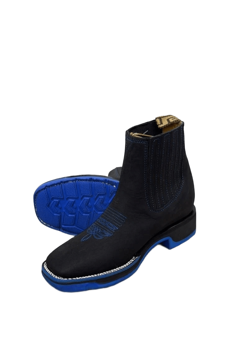 A&A Men's Nubuck Suede Leather Square Toe Ankle Boots Rubber Sole - Black & Blue - OriginalWestern.com