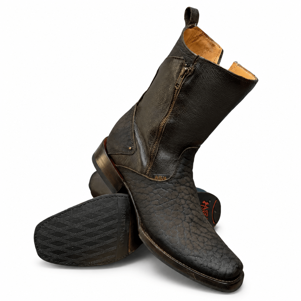 A&A Western Wear Men's Bull Neck Leather Zip Square Toe Boots – Brown - OriginalWestern.com