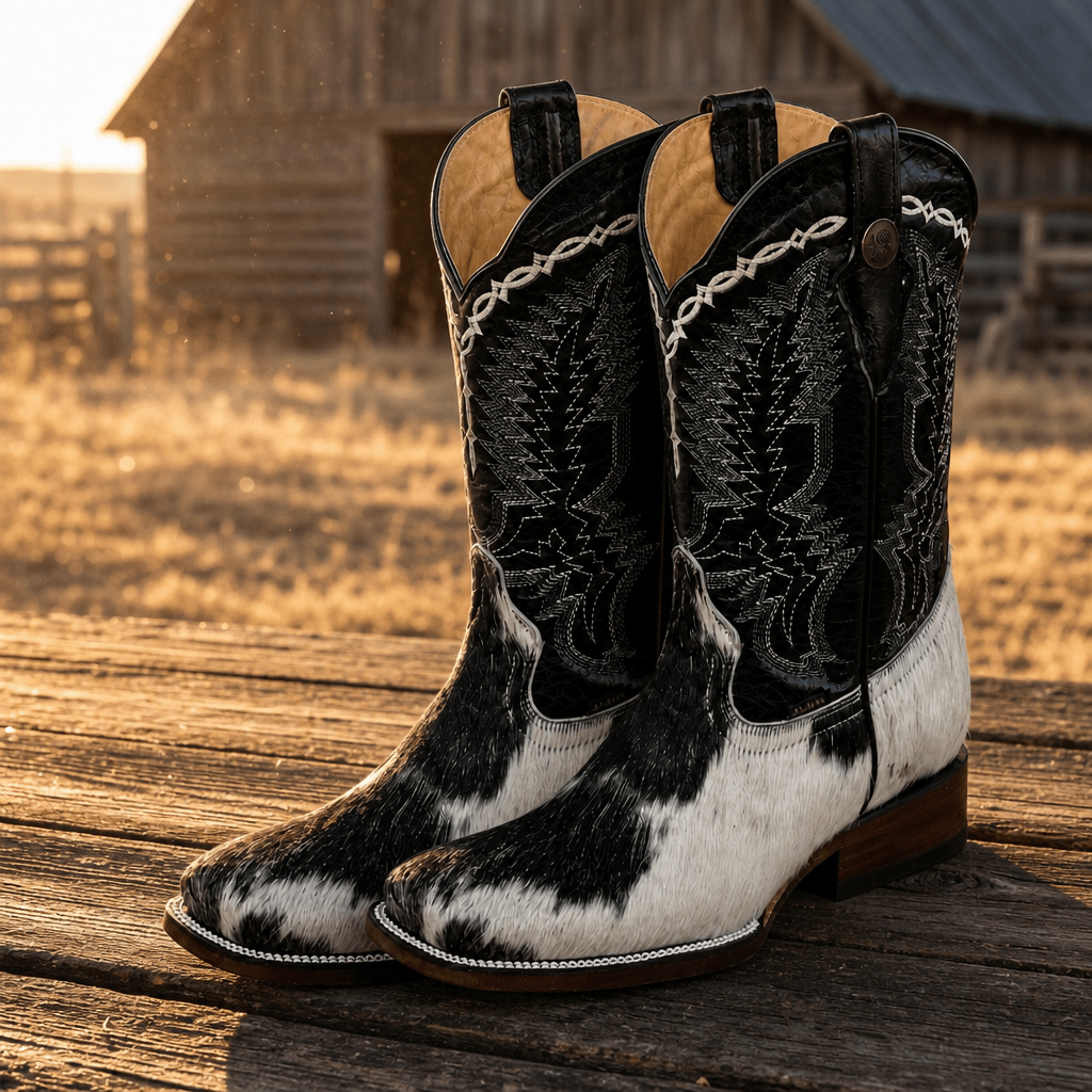 A&A Western Wear Men's Hair-On Cowhide Square Toe Western Boots – Black & White - OriginalWestern.com