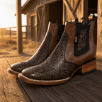 A&A Western Wear Men’s Hand-Tooled Leather Square Toe Ankle Boots – Brown - OriginalWestern.com