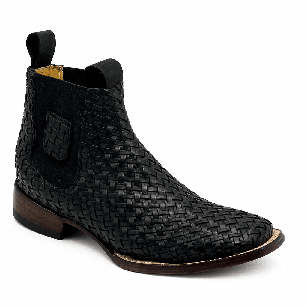 A&A Western Wear Men’s Hand-Woven Leather Square Toe Ankle Boots – Black - OriginalWestern.com