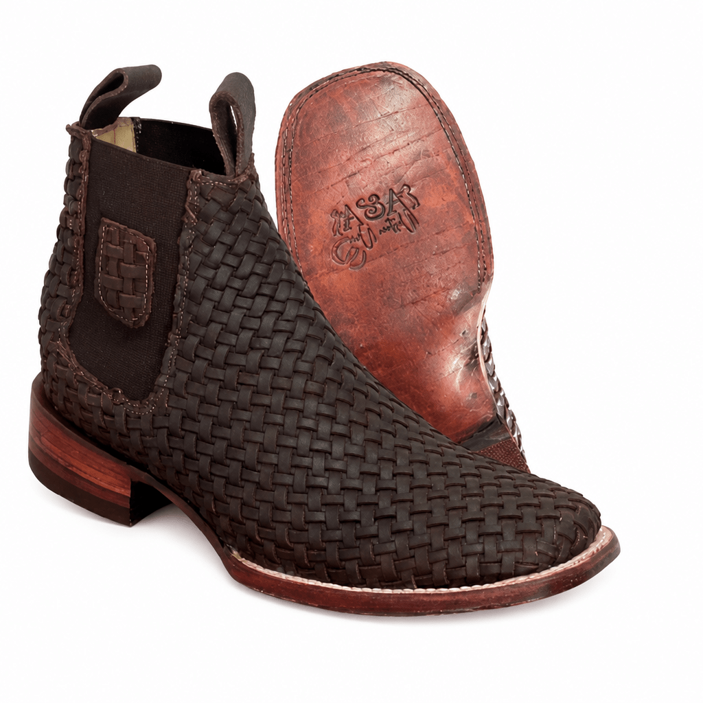 A&A Western Wear Men’s Hand-Woven Leather Square Toe Ankle Boots – Brown - OriginalWestern.com