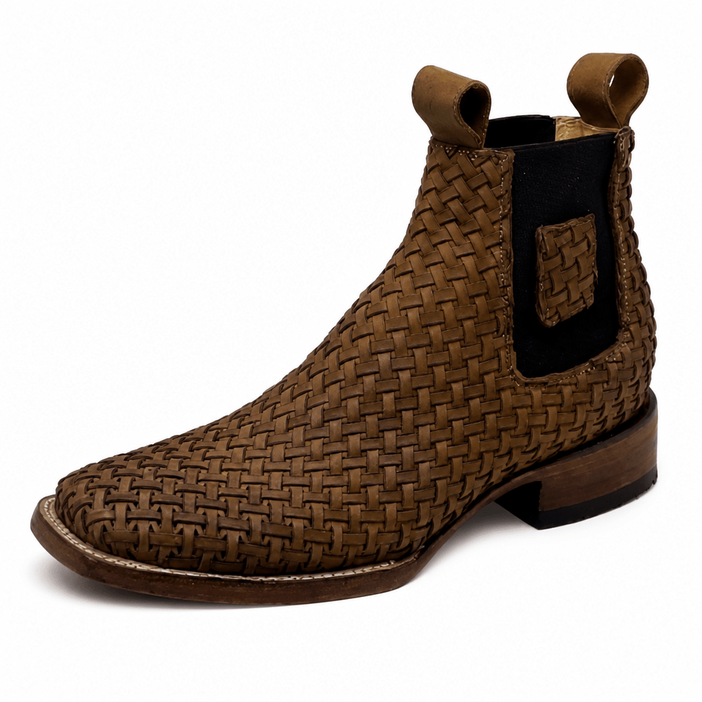 A&A Western Wear Men’s Hand-Woven Leather Square Toe Ankle Boots – Honey - OriginalWestern.com