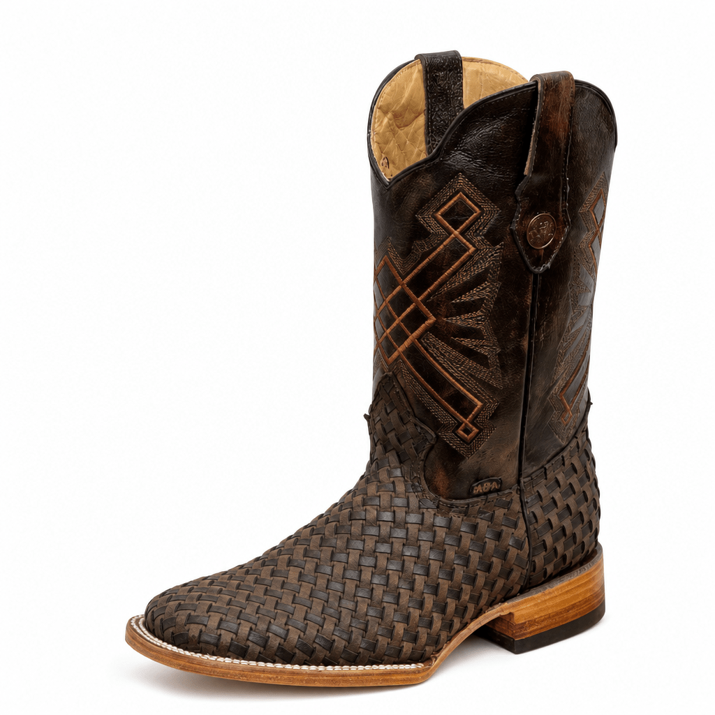 A&A Western Wear Men's Hand-Woven Leather Square Toe Western Boots – Tan - OriginalWestern.com