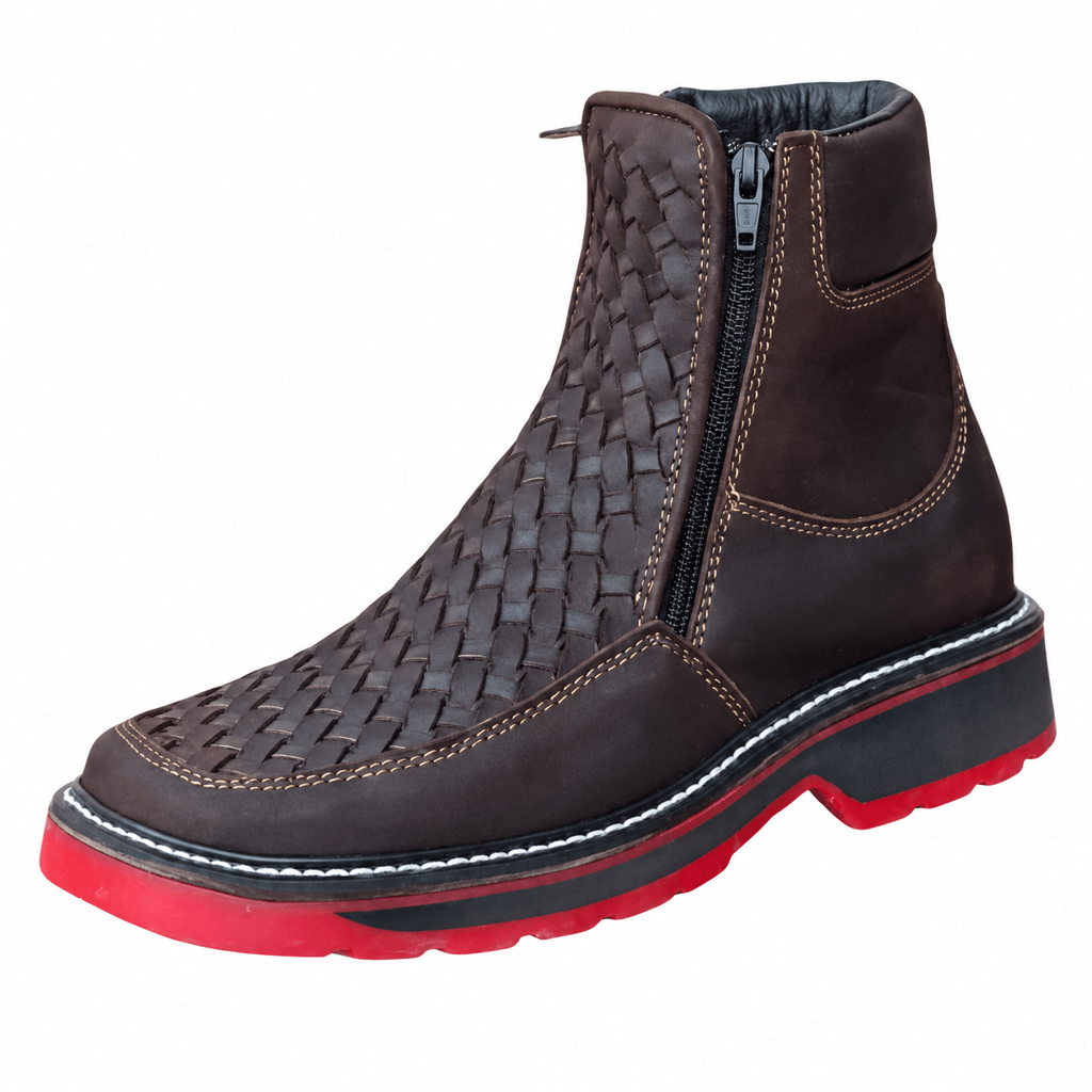 A&A Western Wear Men’s Hand-Woven Leather Square Toe Zip Work Boots – Brown - OriginalWestern.com