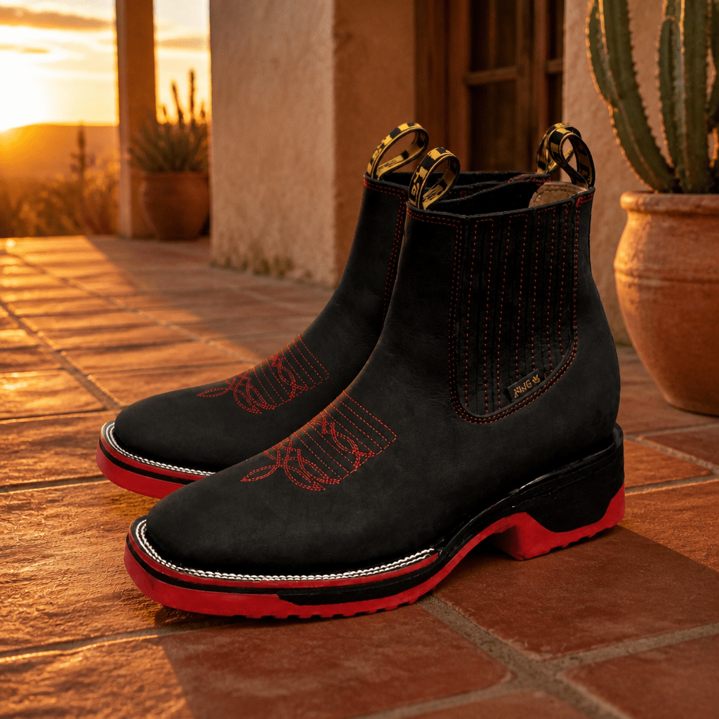 A&A Western Wear Men’s Nubuck Square Toe Chelsea Work Boots – Black & Red - OriginalWestern.com