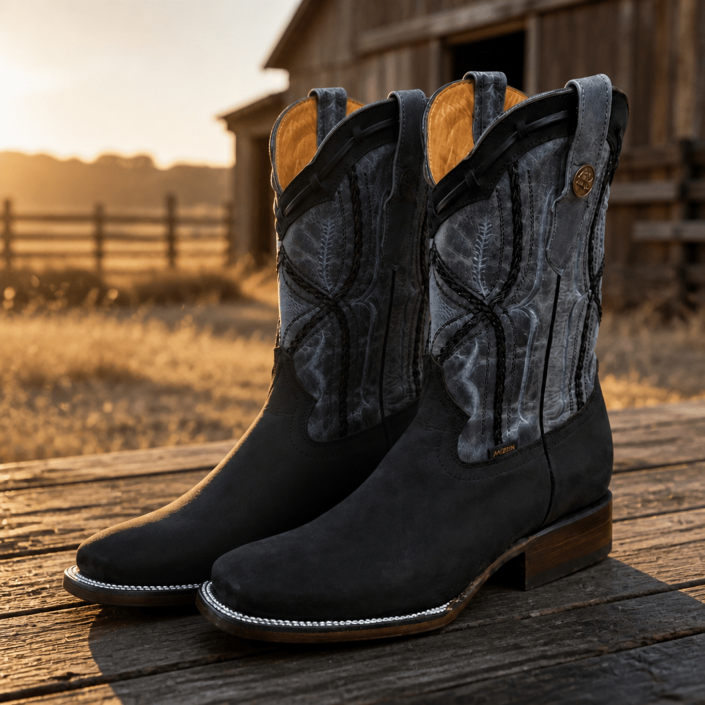 A&A Western Wear Men's Nubuck Square Toe Western Boots – Black - OriginalWestern.com