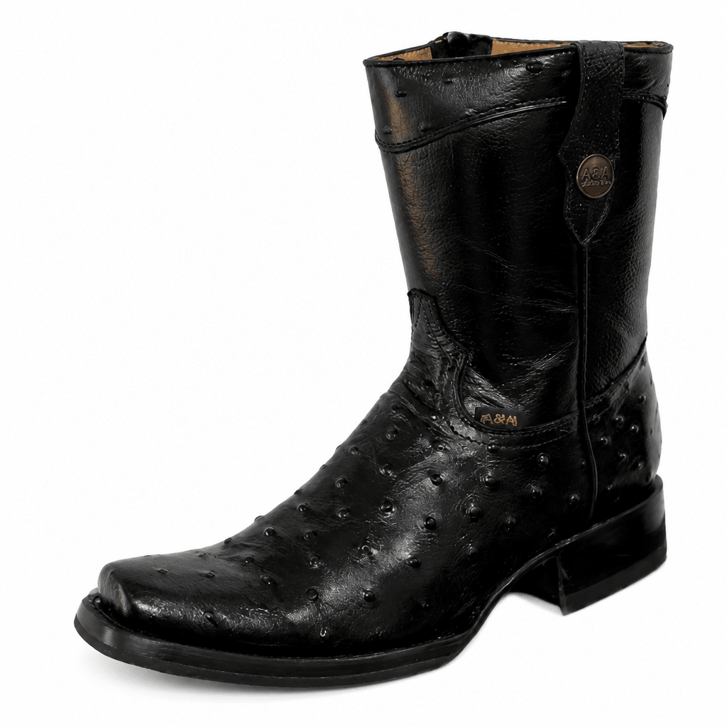 A&A Western Wear Men's Ostrich Print Square Toe Zip Boots – Black - OriginalWestern.com