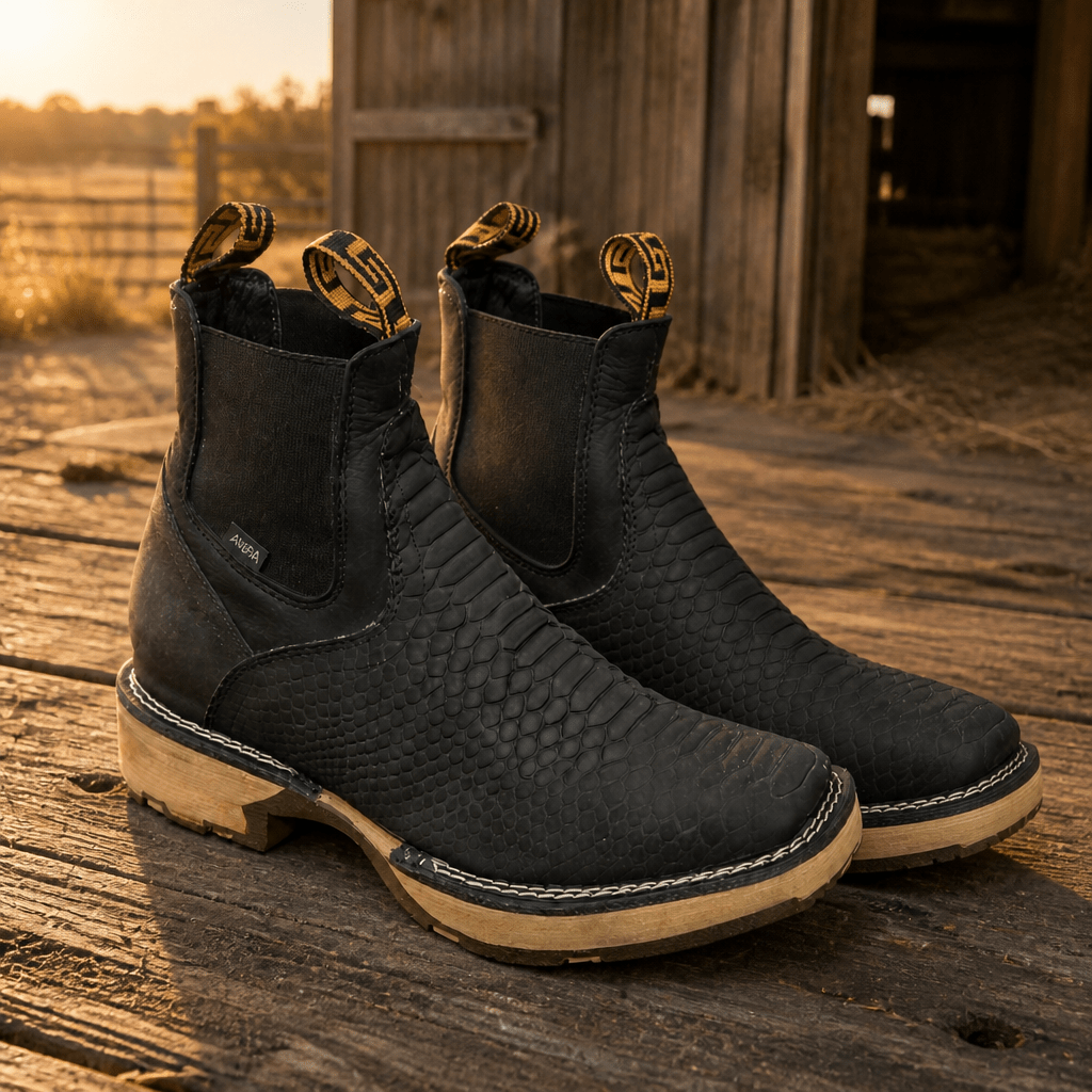 A&A Western Wear Men’s Python Print Square Toe Chelsea Work Boots – Black - OriginalWestern.com