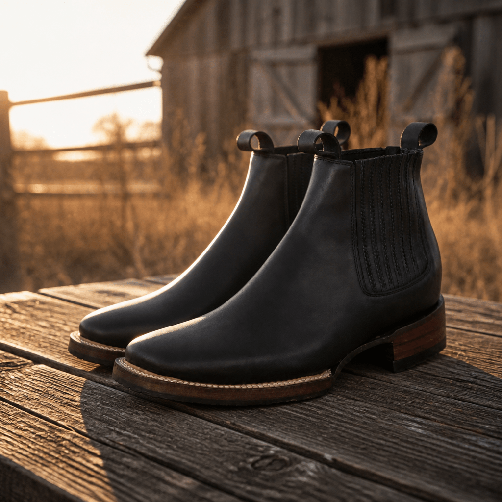 A&A Western Wear Men’s Waxed Leather Tractor Sole Square Toe Ankle Boots – Black - OriginalWestern.com