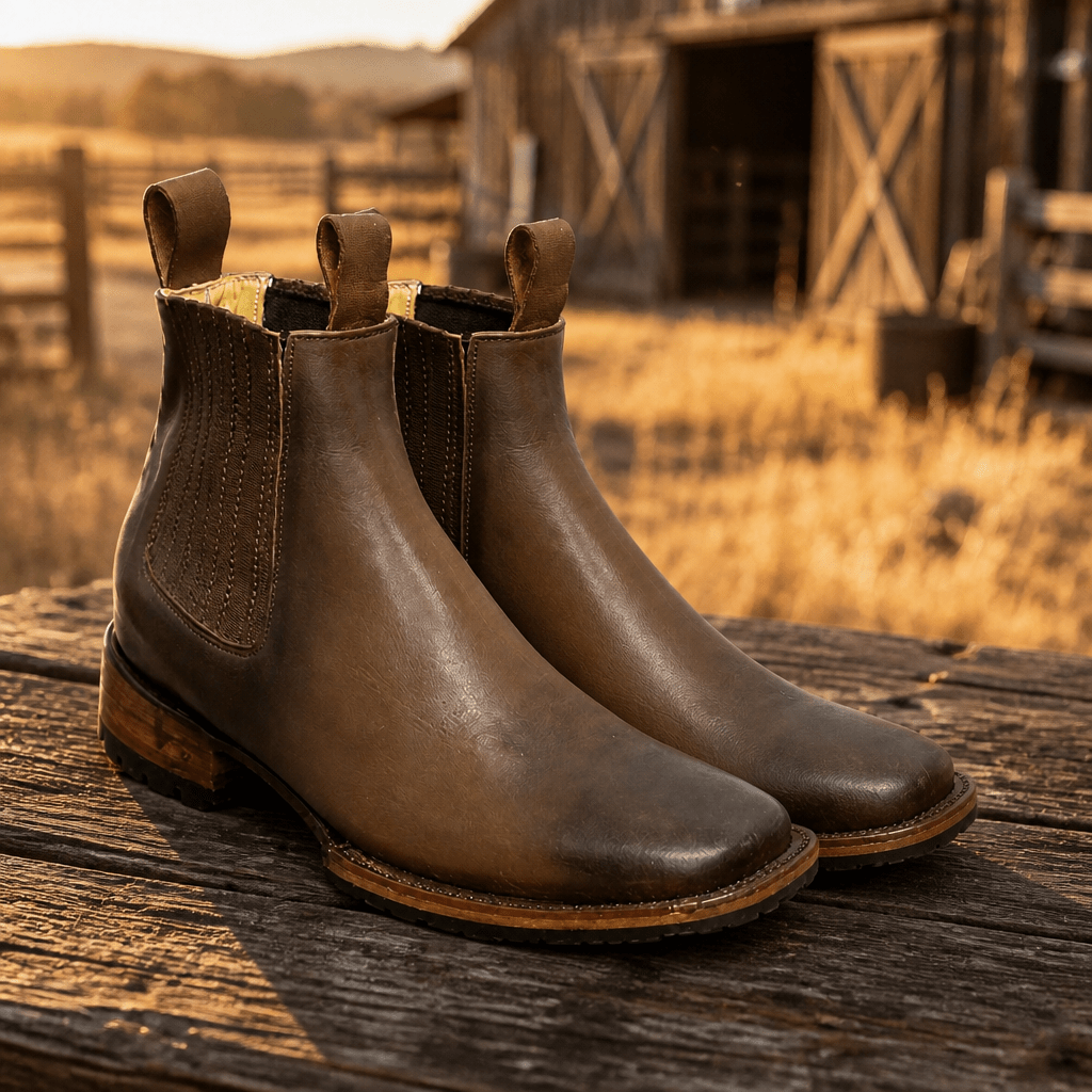 A&A Western Wear Men’s Waxed Leather Tractor Sole Square Toe Ankle Boots – Tan - OriginalWestern.com